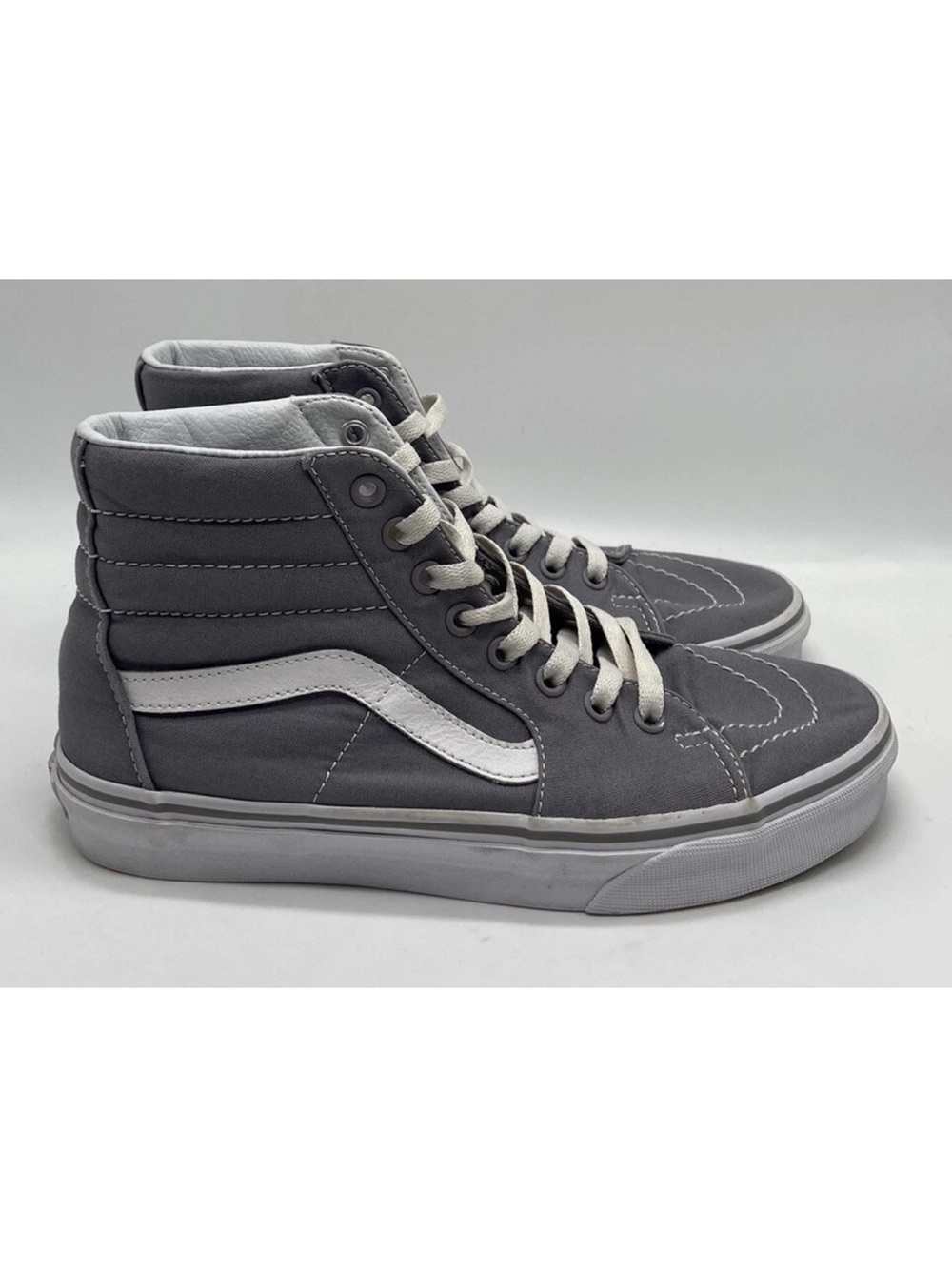 VANS Sk8 Hi Gray Canvas Leather High Top Skate Sneakers Men Sz 7 Women Sz 8.5